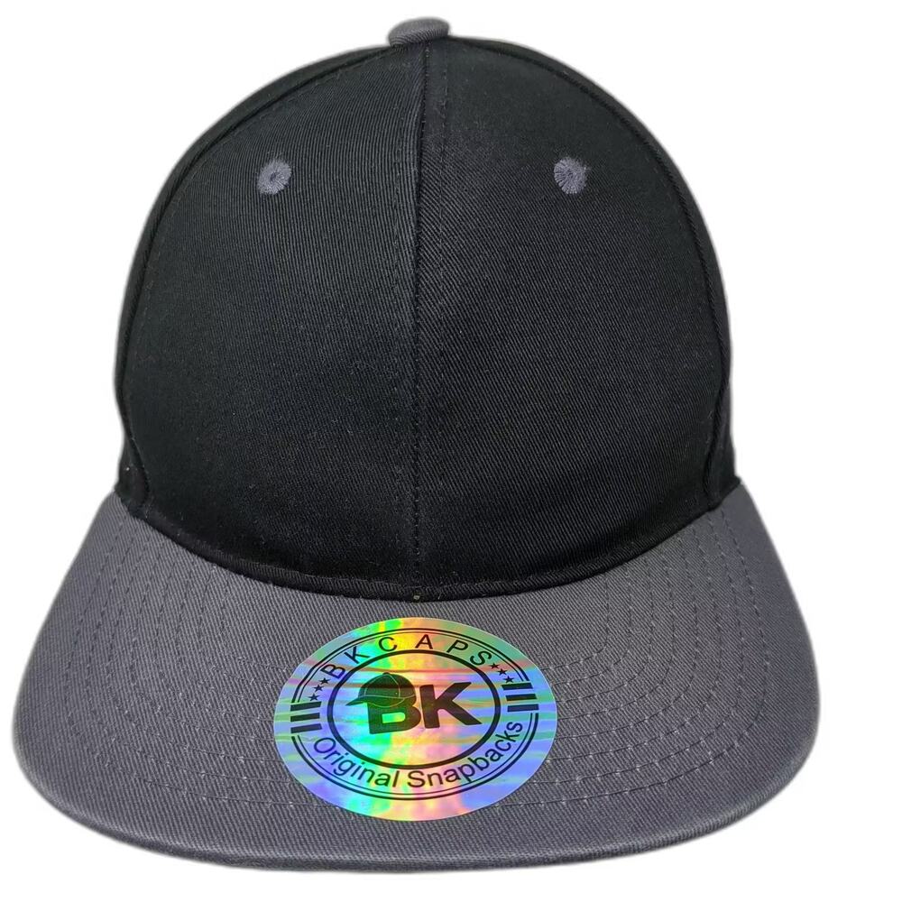 BK Caps Snapback Hat Black Gray Flat Brim One Size Adjustable 6 Panel Cotton